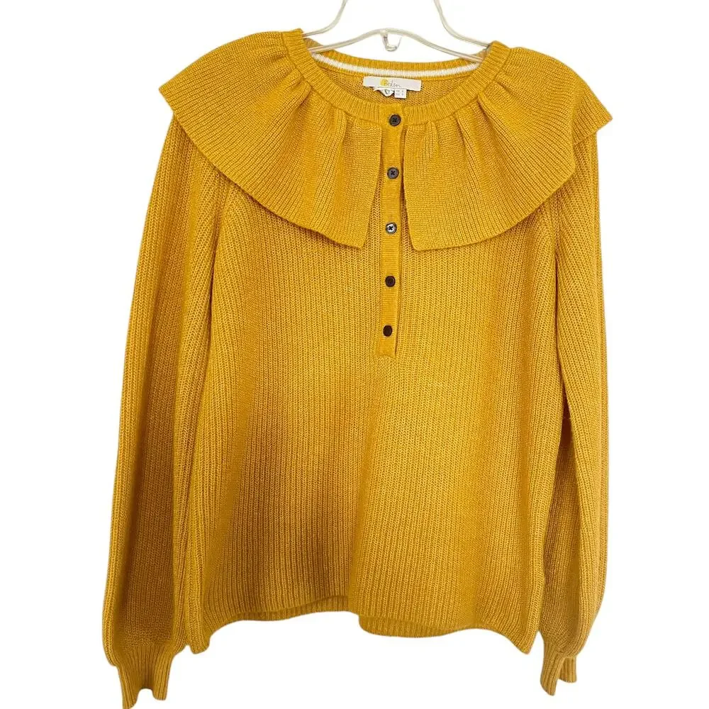 Boden Frill Collar Mustard Yellow Button Front Long Sleeve Sweater Size 4
